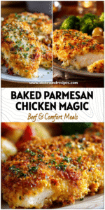 Crispy baked Parmesan Chicken breast plated with sides, perfect for Chicken Dinner and Bon Appétit moments.
